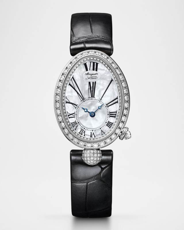 Reine de Naples 18K White Gold Oval 25mm Watch with Diamonds and Mother-Of-Pearl